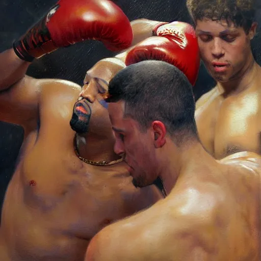 Image similar to a beautiful painting of kanye west knocking out pete davidson in a boxing ring, rendered art, highly detailed painting by gaston bussiere, craig mullins, j. c. leyendecker 8 k, trending on artstation, watercolor