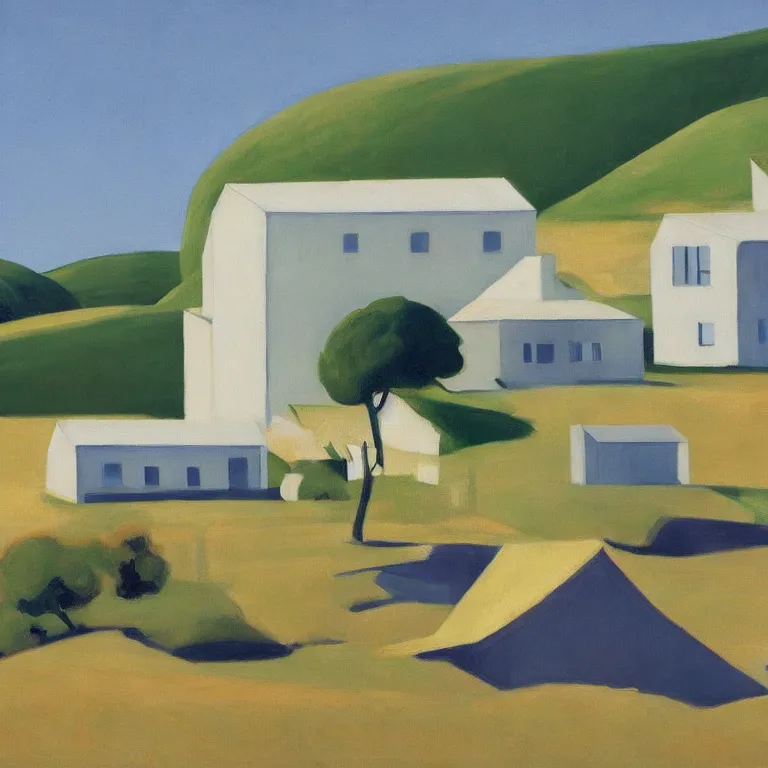 Image similar to dreaming futuristic rural landscape with modern houses, painted by Alex Katz, painted by Edward Hopper, airbrush