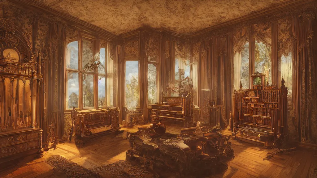 Image similar to richly decorated Victorian house with a tracker pipe organ, modern, beautiful, detailed wood, photorealistic, photorealism, lightning, clouds, smoke, the autumn light comes in through a window, diffuse light, vivid cybernetics