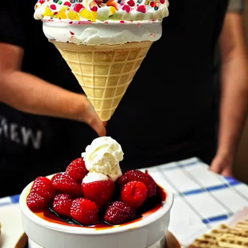 Image similar to tallest ice cream sundae trifle ever, surrounded by crowd, flash photography