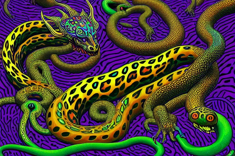 Prompt: a detailed digital art of a cyberpunk magick oni dragon with occult futuristic effigy of a beautiful field of mushrooms that is a adorable leopard atomic latent snakes in between ferret biomorphic molecular psychedelic hallucinations in the style of escher, alex grey, stephen gammell inspired by realism, symbolism, magical realism and dark fantasy, crisp
