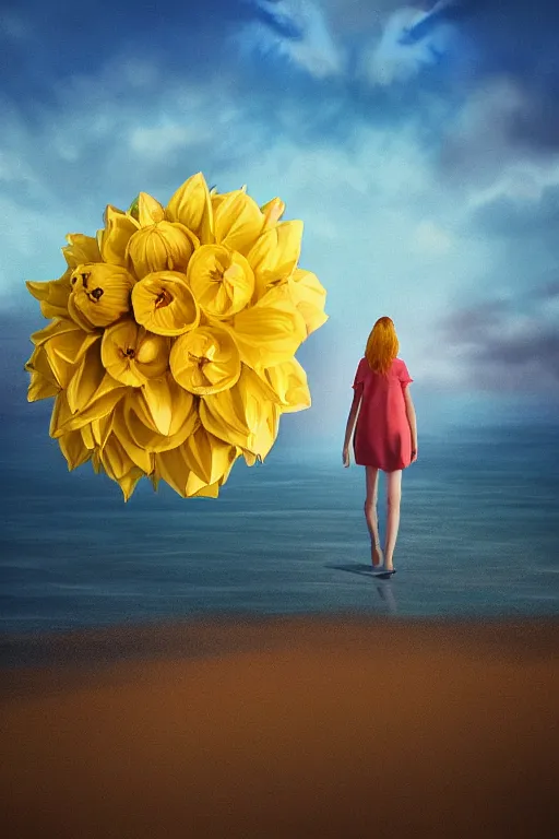 Prompt: closeup girl with huge yellow dahlia flower face, walking on beach, surreal photography, blue sky, sunrise, dramatic light, impressionist painting, digital painting, artstation, simon stalenhag