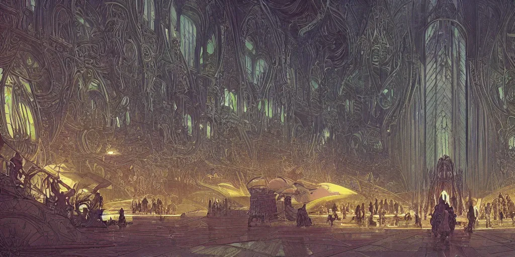 Image similar to matte illustration, cinematic shot of the interior of a scifi space station with ornate elven architecture bustling with people by jean giraud moebius, crystalline, emerald, highly detailed matte illustration by moebius, clean lines, sharp focus, intricate, elegant