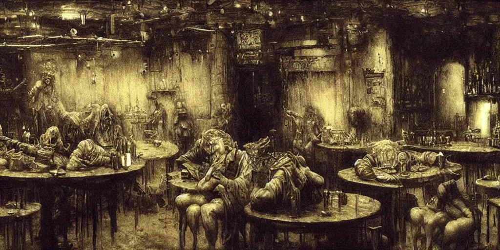Prompt: busy tavern scene by Beksinski, Luis Royo