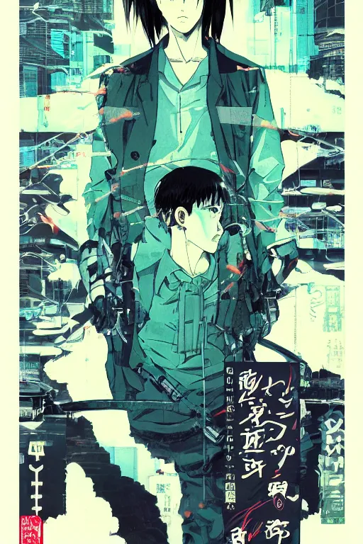 Prompt: professionally drawn seinen mature cyberpunk detective horror action manga comic cover about hinduism buddhism reincarnation cyborgs, full color, beautifully drawn coherent professional, drawn by ilya kuvshinov, ilya kuvshinov, satoshi kon and tsutomu nihei. japanese script kanji hiragana on the cover. simple minimalist stylized cover art. blue green cel shaded