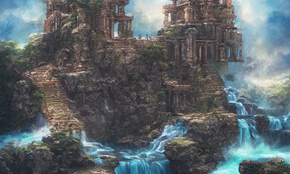 Image similar to ancient temple on top of a waterfall, digital art, concept art, fantasy art, highly detailed, hd wallpaper, hdr, artstation, deviantart, behance