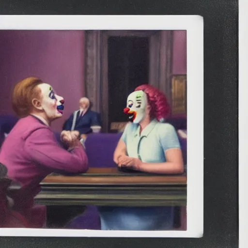 Prompt: a polaroid of a highly detailed beautiful portrait close up hyper realistic photograph of a british member of parliament in the house of commons wearing pastel coloured clown costumes, they are smoking cannabis. flat, crisp, but in the style of edward hopper, richard hamilton. concept art. green leather benches. photographic. concept. crisp. no artefacts. high fidelity facial portrait. 8 k