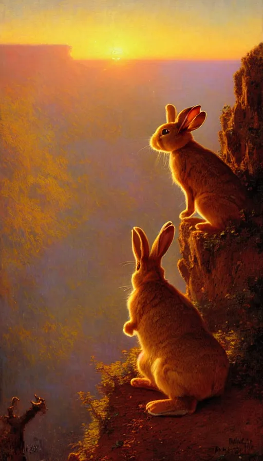 Image similar to hyper realistic rabbit looking off of a cliff, sun setting behind rabbit, lush forest in valley below, painted by gaston bussiere, craig mullins, j. c. leyendecker 8 k