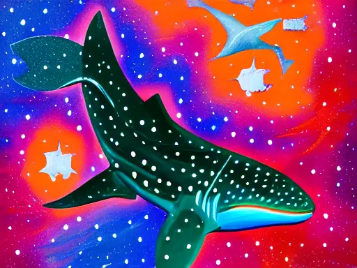 Prompt: gouache painting of a whale shark flying through a swirling, luminous nebula, elegant, ultra detailed, gouache illustration of whale - shark floating through a colorful nebula