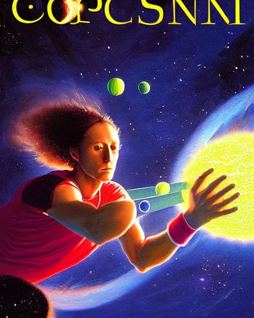 Prompt: cosmic tennis player serving a tennis ball in space, an oil painting, by ( leonardo da vinci ) and greg rutkowski and rafal olbinski, award - winning magazine cover