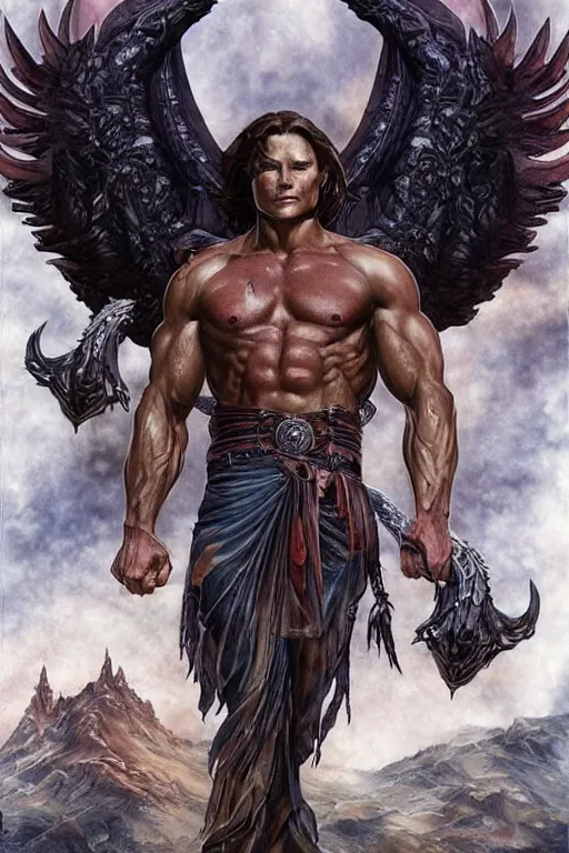 Prompt: muscular Sam Winchester as an angel with religious tattoos on chest and neck, with glowing runes on the body, dark fantasy book cover style, D&D dark fantasy style, sharp focus, ultra detailed, art by Artgerm and Peter Andrew Jones, Karol Bak, Ayami Kojima, Amano and Olivier Ledroit