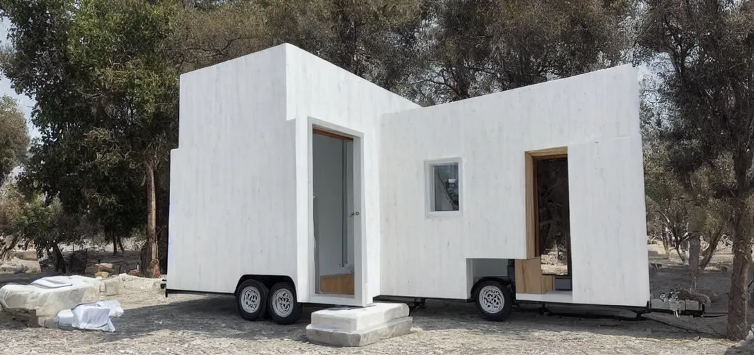 Image similar to greek tiny house on trailer that looks like the parthenon made of marble designed by iktinos and callicrates.