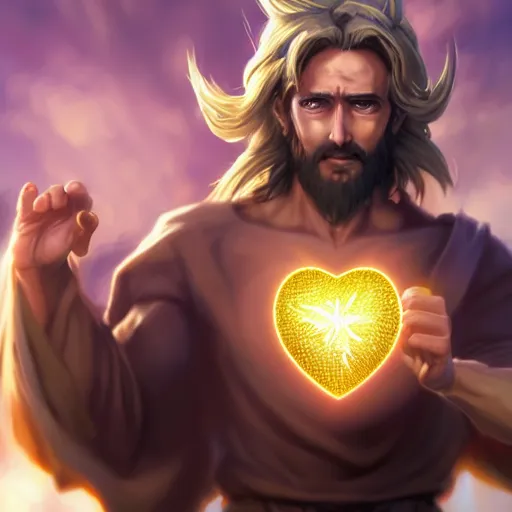 Image similar to Jesus christ transforming in super Saiyan while holding a shiny Sacred Heart, by Stanley Artgerm Lau, WLOP, Rossdraws, James Jean, Andrei Riabovitchev, Marc Simonetti, Yoshitaka Amano, ArtStation, CGSociety,