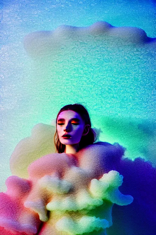 Image similar to high quality pastel coloured film close up wide angle photograph of a model wearing clothing swimming on cloud furniture in a icelandic black rock!! environment in a partially haze filled dreamstate world. three point light, rainbow. photographic production. art directed. pastel colours. volumetric clouds. pastel gradient overlay. waves glitch artefacts. extreme facial clarity. 8 k. filmic.