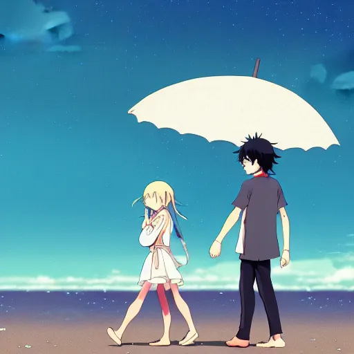Image similar to anime girl and boy walking together on the Beach, Rain, umbrella, by makoto shinkai, Studio Ghibli, anime wallpaper, illustration, 4k Wallpaper, flat colors