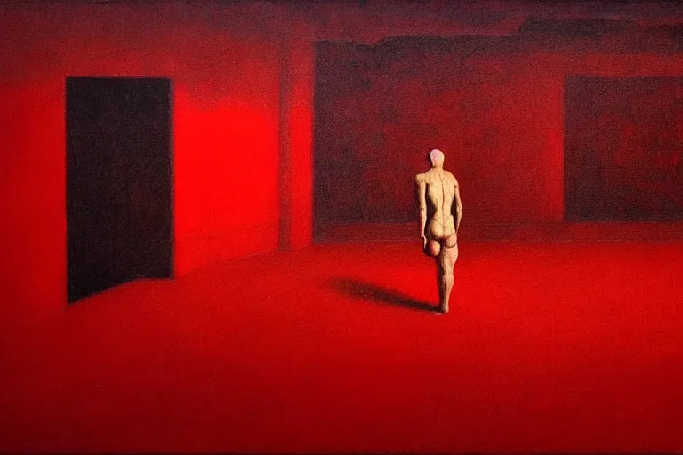 Image similar to only with red, crowd screaming, an exposed painting in a roman theater, in the style of beksinski, parts by edward hopper, parts by rodcenko, parts by yue minjun, intricate and epic composition, red by caravaggio, insanely quality, highly detailed, masterpiece, red light, artstation, 4 k