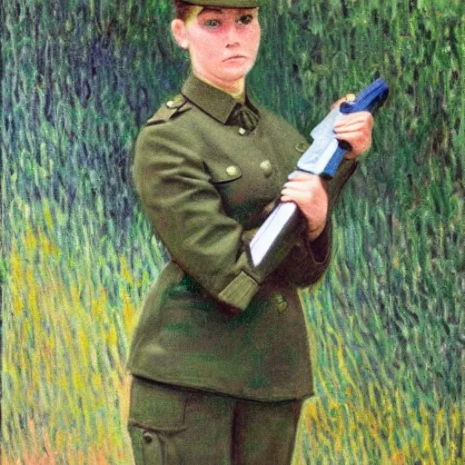 Image similar to a female soldier holding a a stapler to her own head and looking depressed by monet realistic, high details