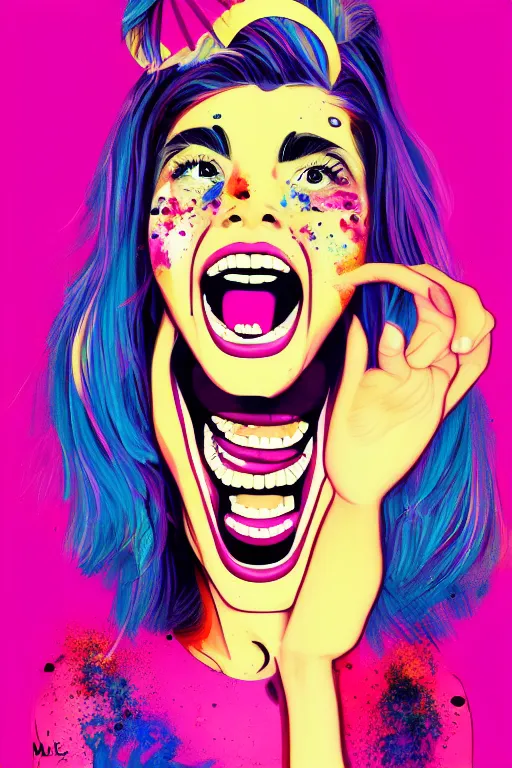 Prompt: girl screamin yolo - aesthetic, smooth painting, remove, every seed with ultra details, 4 k, illustration, comical, acrylic paint style, pencil style, torn cosmo magazine style, pop art style, ultrarealism, by mike swiderek, jorge lacera, ben lo, tyler west