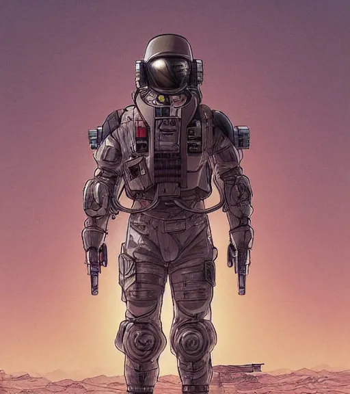 Image similar to a cyberpunk soldier with tactical gear and a rifle patrols a Japanese city on mars, Industrial Scifi, detailed illustration, character portrait, by Martin Grip and Moebius