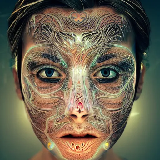 Prompt: face with intricate and detailed light-emitting OLED tatoos showing health information and vital sign visualizations, heart rate, ultra HD realistic wide focus 8k ultra soft light RTX on VFX octane render pixiv pinterest colorful more reflection