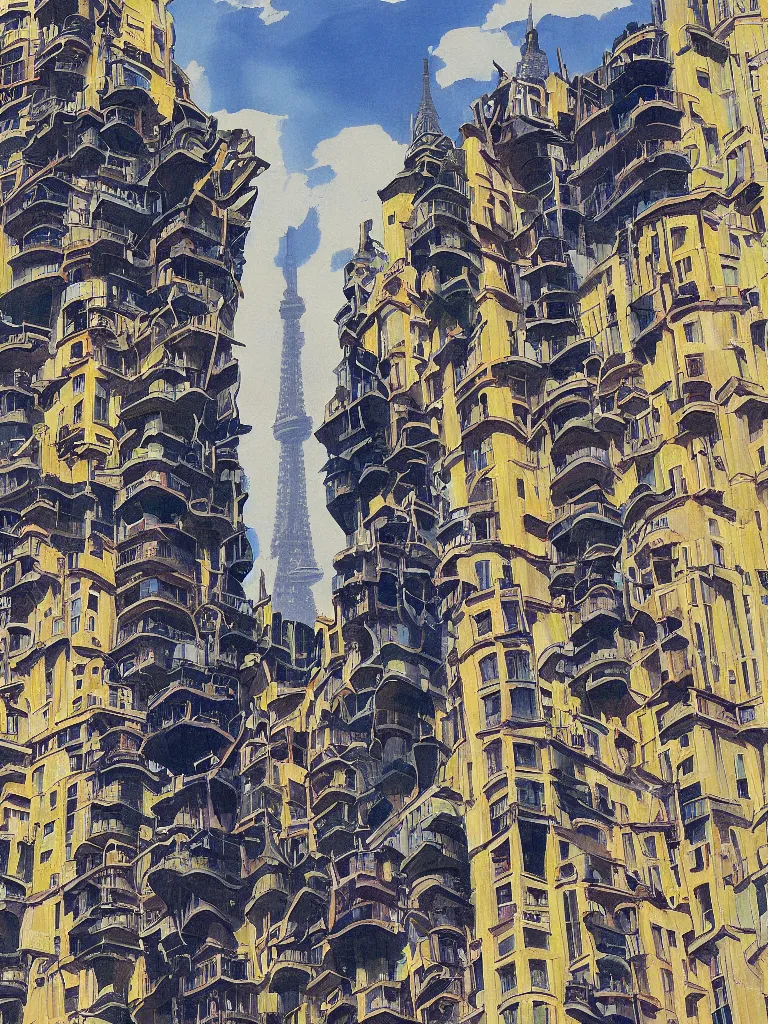 Prompt: A painting of a skyscraper designed by Antoni Gaudí, in Paris, in the style of ANIME