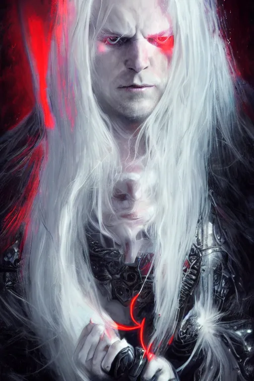 Prompt: portrait of Elric of Melibourne, long white hair, black paper, vivid colors, Long black sword with red glowing runes, by Bastien LeCouffe-Deharme, J. C. Leyendecker, Craig Mullins, Marc Simonetti, greg rutkowski, trending on Artstation