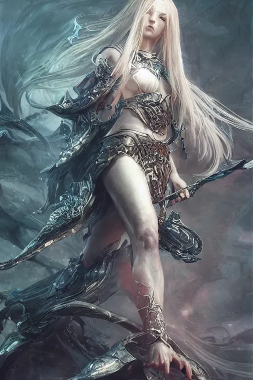 Image similar to Art of Malenia from Elden Ring by Yoshitaka Amano, Ruan Jia, Kentaro Miura, Artgerm