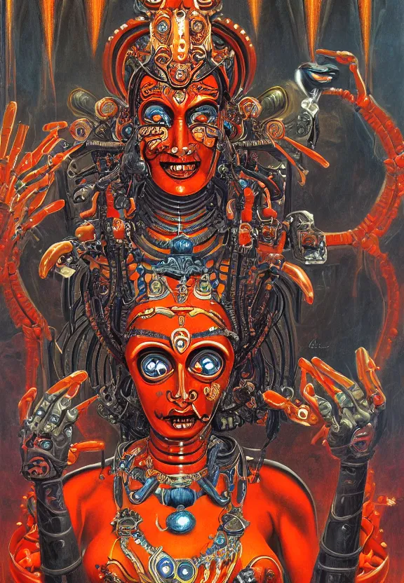 Image similar to biomechanical alien robot goddess kali, female, intense stare, sarcastic smile, symmetrical, concept art, intricate detail, volumetric shadows and lighting, realistic oil painting, 1 9 7 0 psychedelic soviet poster,