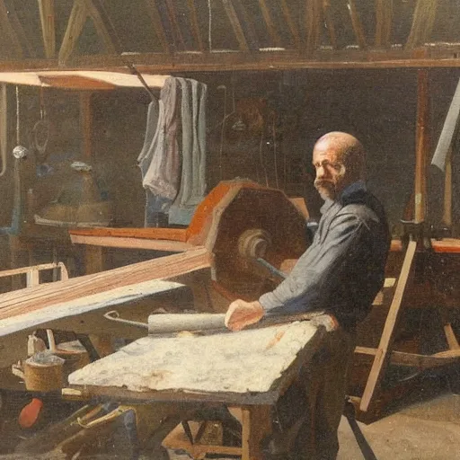 Prompt: old boat builder at work in his shop. late 1 9 th century. oil on canvas.