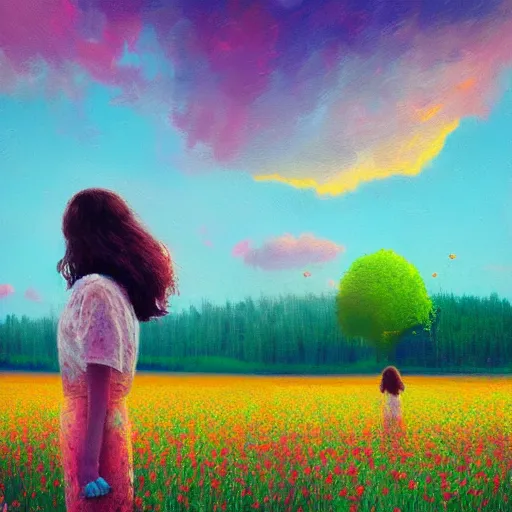 Prompt: flower face, girl standing in flower field, surreal photography, big trees, sunrise dramatic light, impressionist painting, colorful clouds, digital painting, pointillism, artstation, simon stalenhag