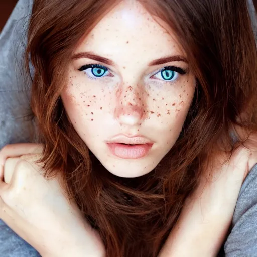 Prompt: a beautiful young woman with brown hair and freckles