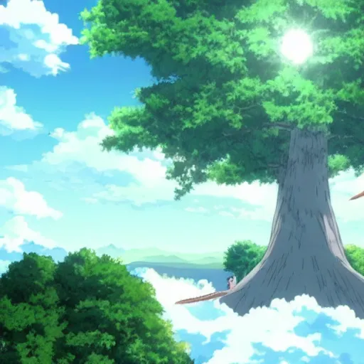 Image similar to big white whale flying near giant tree in the green field, anime, HD,
