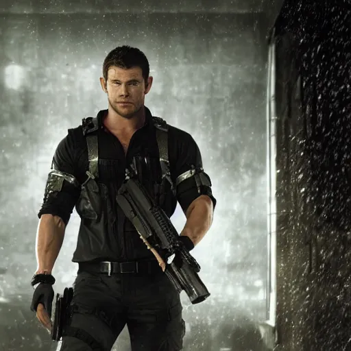 Prompt: chris hemsworth as chris redfield, 4 k, high detail, high - resolution photograph, professional photography, ultra - detail, resident evil