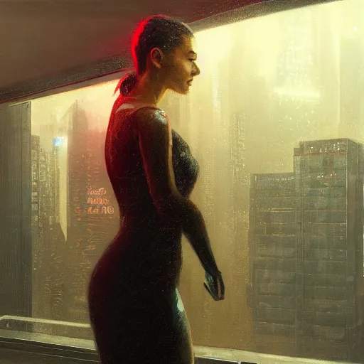 Prompt: detailed portrait of a woman, moment, cyberpunk observation deck, electronic billboards, tech noir, wet reflections, atmospheric, ambient, livia prima, greg rutkowski, edward hopper, pj crook