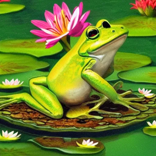 Prompt: cute children’s book illustration of a frog on a lily pad in a pond