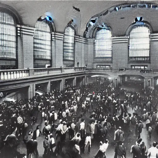 Prompt: color photo of water - balloon fight in grand central station circa 1 9 2 3
