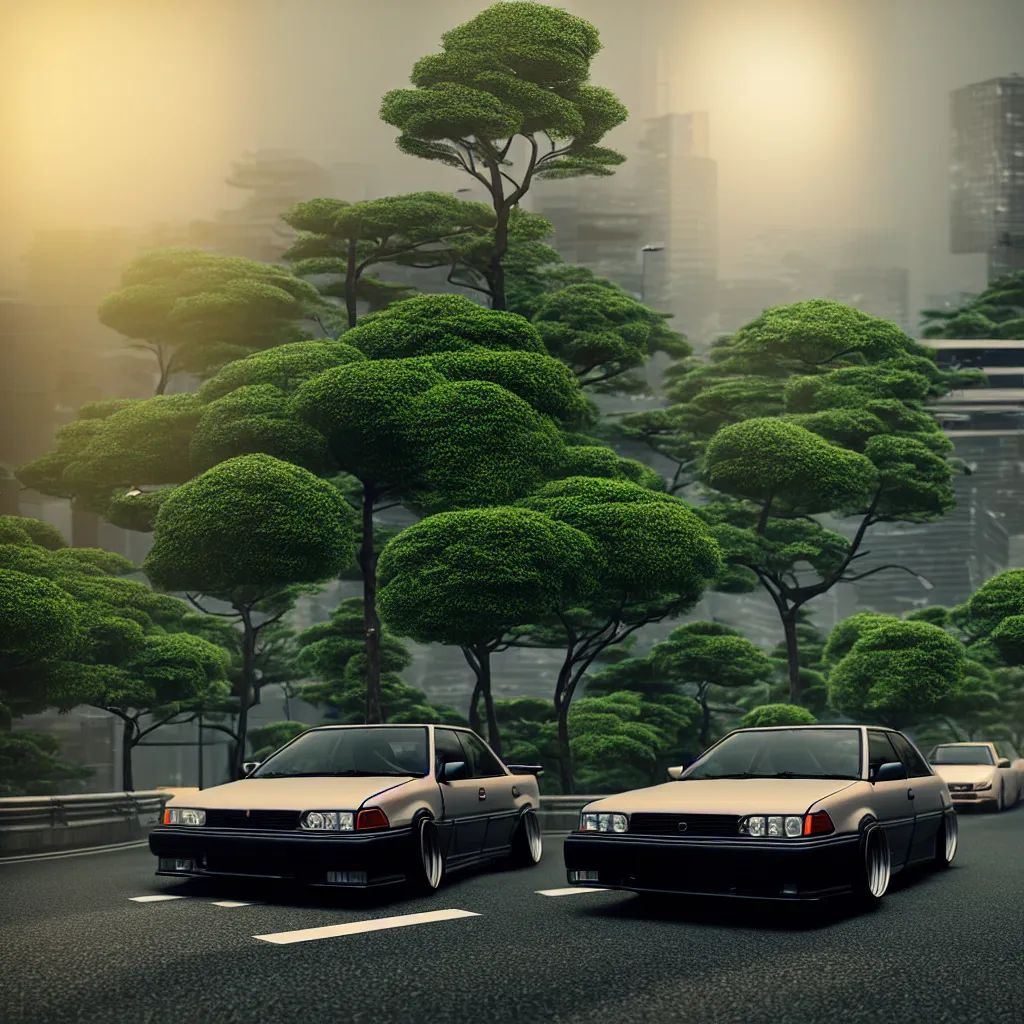 Image similar to car in center JZX100 twin turbo drift on a road, surrounded by trees and buidlings in Tokyo prefecture, rooftops are Japanese architecture, city at sunset heavy mist over streetlights, cinematic lighting, photorealistic, detailed wheels, highly detailed, ASDF render