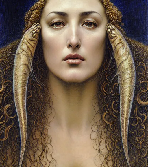 Image similar to detailed realistic beautiful young monica bellucci head and shoulders portrait by jean delville, gustave dore and marco mazzoni, art nouveau, symbolist, visionary, baroque, intricate fractal, maximalism. horizontal symmetry by zdzisław beksinski, iris van herpen, raymond swanland and alphonse mucha. highly detailed, hyper - real, beautiful