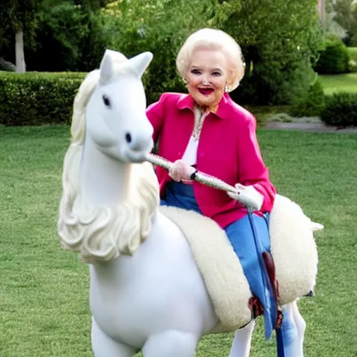 Image similar to betty white riding a unicorn