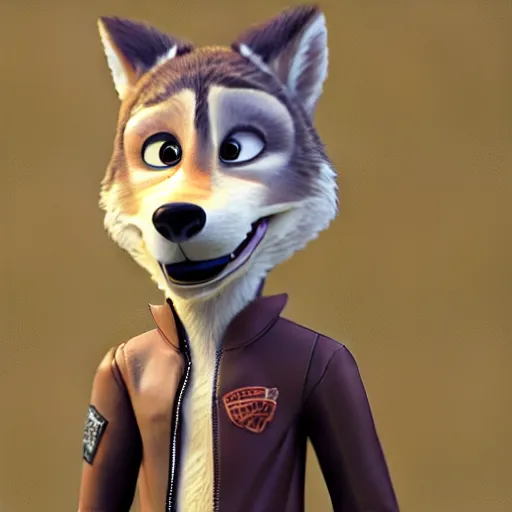 Image similar to far shot, 3d render , anthropomorphic wolf male , wearing along brown leather jacket , in the style of Zootopia