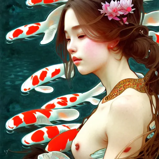 Prompt: Portrait of a girl surrounded by Koi fish, face, fantasy, intricate, elegant, highly detailed, digital painting, artstation, concept art, smooth, sharp focus, illustration, art by Yuhong Ding and Artem Demura and alphonse mucha