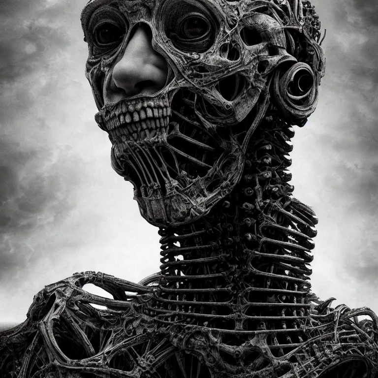 Image similar to ribbed spinal robot face portrait, baroque painting, standing in a desolate empty wasteland, creepy, nightmare, dream-like heavy atmosphere, surreal abandoned buildings, beautiful detailed intricate insanely detailed octane render trending on Artstation, 8K artistic photography, photorealistic, chiaroscuro, Raphael, Caravaggio, Beksinski, Giger