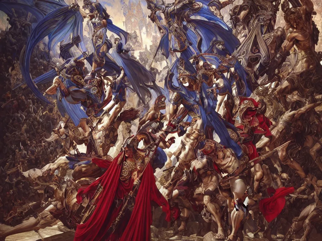 Prompt: epic battle between human warriors mages and demons, inside cathedrals and abbeys, fullbody!! dynamic action pose, religious, intricate, elegant, highly detailed, digital painting, artstation, concept art, smooth, sharp focus, red and blue color scheme, illustration, art by artgerm and greg rutkowski and alphonse mucha