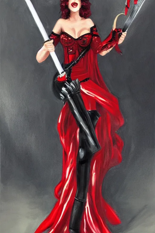 Image similar to Lord Licorice in a red and black sequins gown holding a peppermint sword, painting by Artgerm