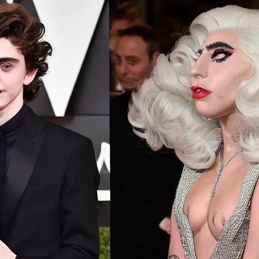 Image similar to timothee chalamet and lady gaga meet eachother, highly beautiful faces, highly detailed