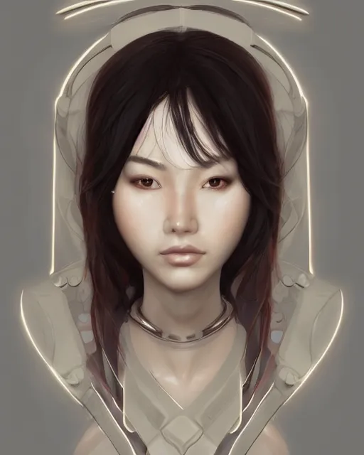 Prompt: the face of an oriental woman left face is a mechanical structure the eyes glow, artstation