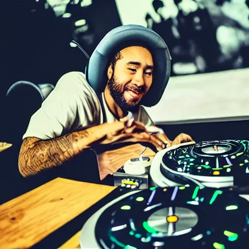 Image similar to instagram photo of a dj hip hop grizzly bear spinning turn tables and holding a microphone