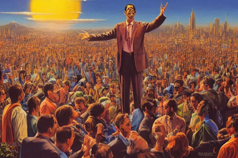 Prompt: a picture of a happy subgenius - salesman at a alter speaking to a crowd of kneeling cultists, a ufo in the sky, sunrise, a detailed matte painting by mort kunstler, pixiv, kitsch movement, city background, movie poster, official art