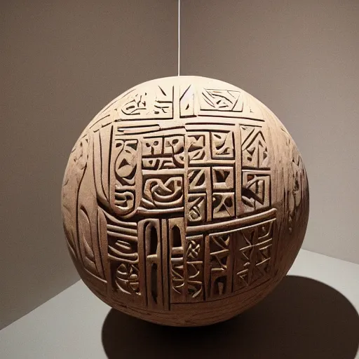 Prompt: : ancient language carved into sphere art installation gallery
