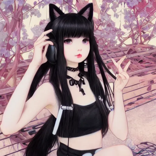 Image similar to realistic beautiful gorgeous natural cute Blackpink Lalisa Manoban black hair fur black cat ears, wearing white camisole summer outfit, headphones, black leather choker, tonemapping artwork drawn full HD 4K highest quality in artstyle by professional artists WLOP, Ayami Kojima, Aztodio, Alphonse Mucha, Taejune Kim, Guweiz on Pixiv Instagram Artstation